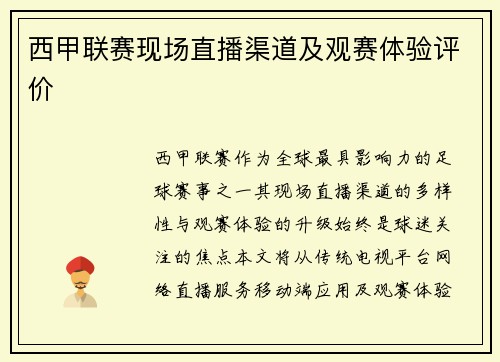 西甲联赛现场直播渠道及观赛体验评价