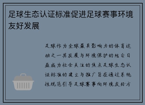 足球生态认证标准促进足球赛事环境友好发展